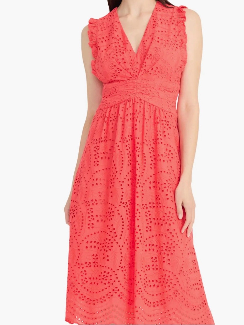 Maggy London Orange / Coral Eyelet V-Neck Midi Dress